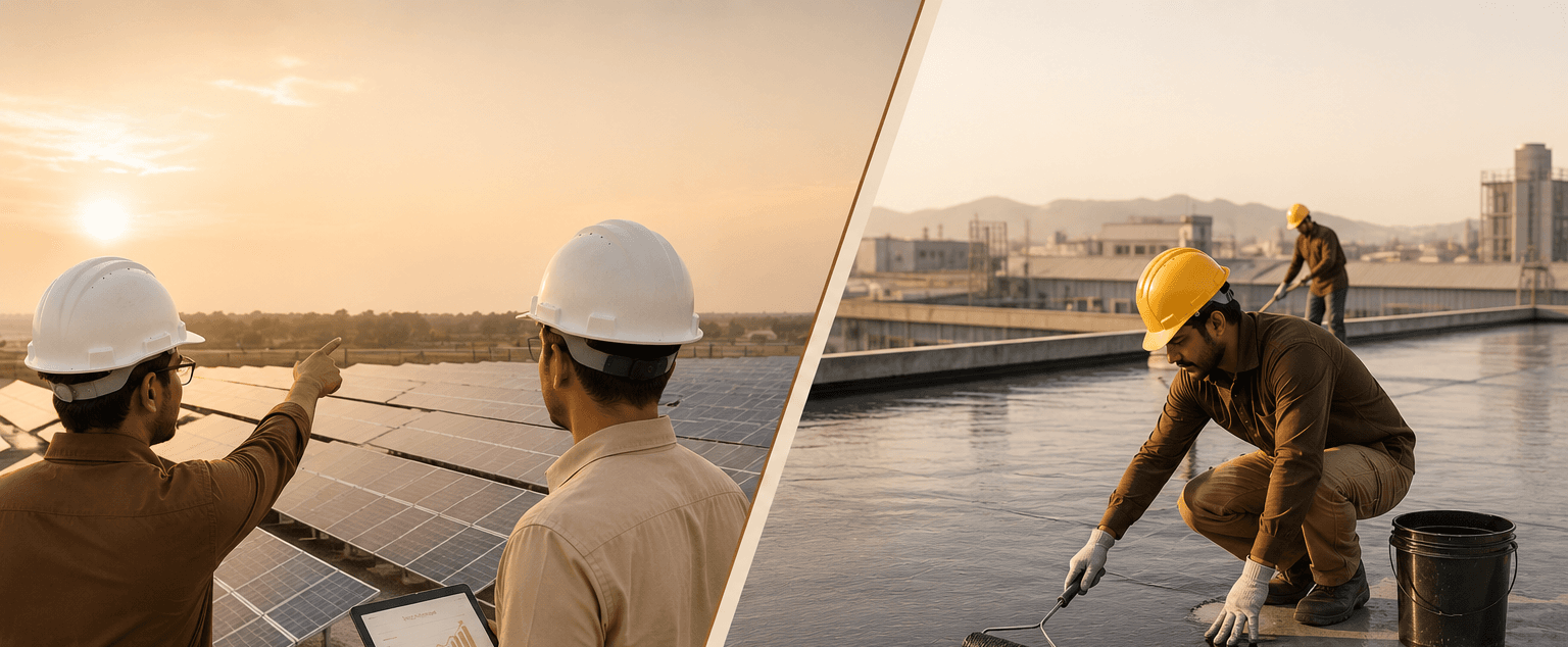 Engineers reviewing a rooftop solar array at sunrise