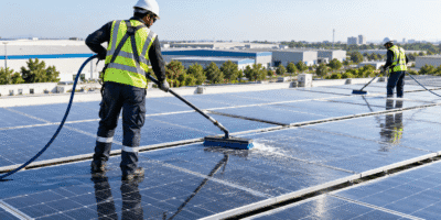 Technicians cleaning a rooftop solar array