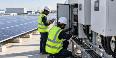 Technicians inspecting solar inverters on a rooftop plant