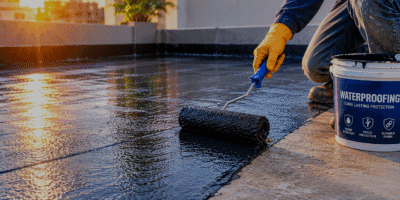 Worker applying a waterproof coating to a terrace roof
