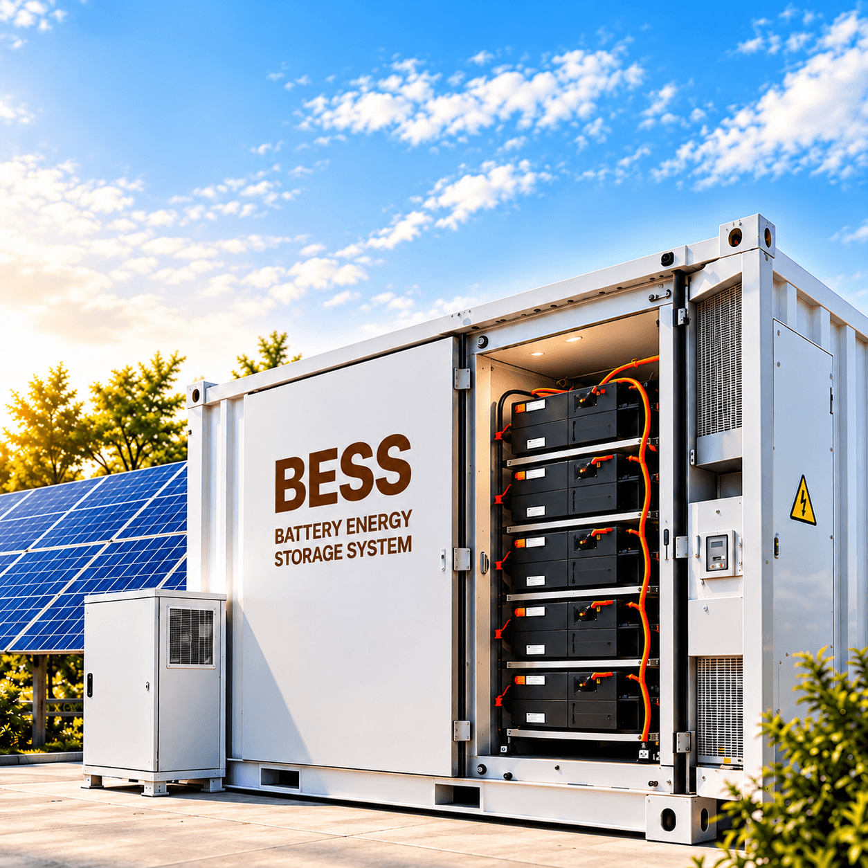 Battery energy storage container beside solar panels