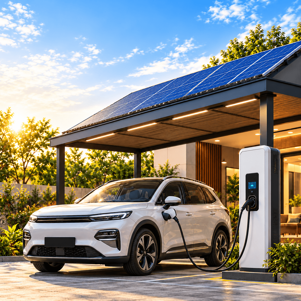 Electric vehicle charging under a solar carport